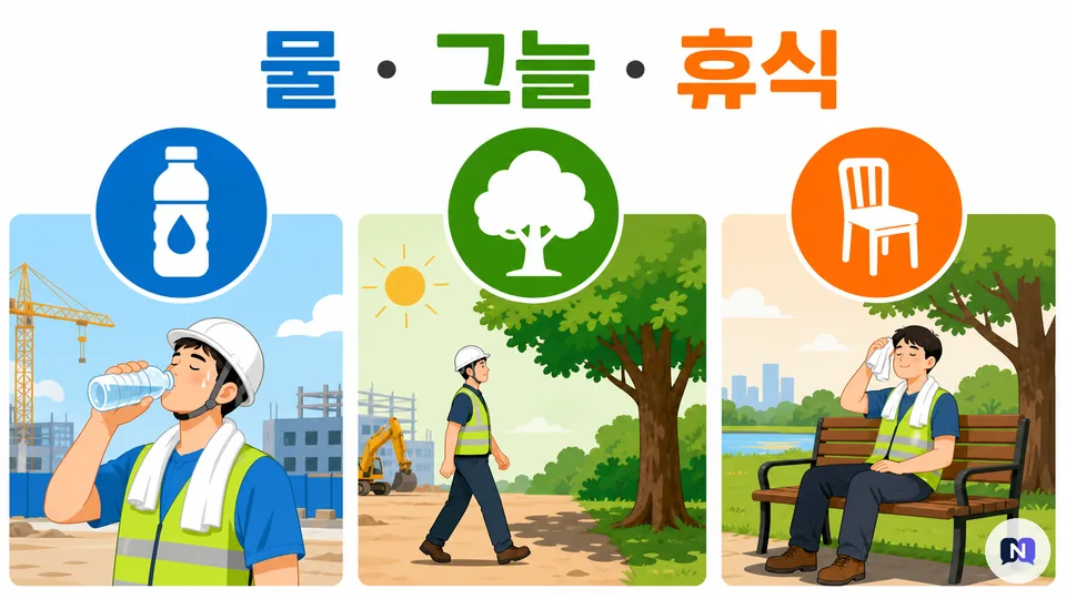 온열질환 예방의 세 원칙인 물·그늘·휴식을 보여주는 이미지