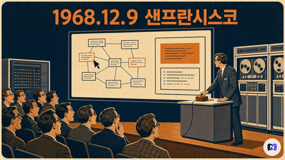 1968년 샌프란시스코에서 엥겔바트가 마우스와 하이퍼텍스트를 시연하는 장면