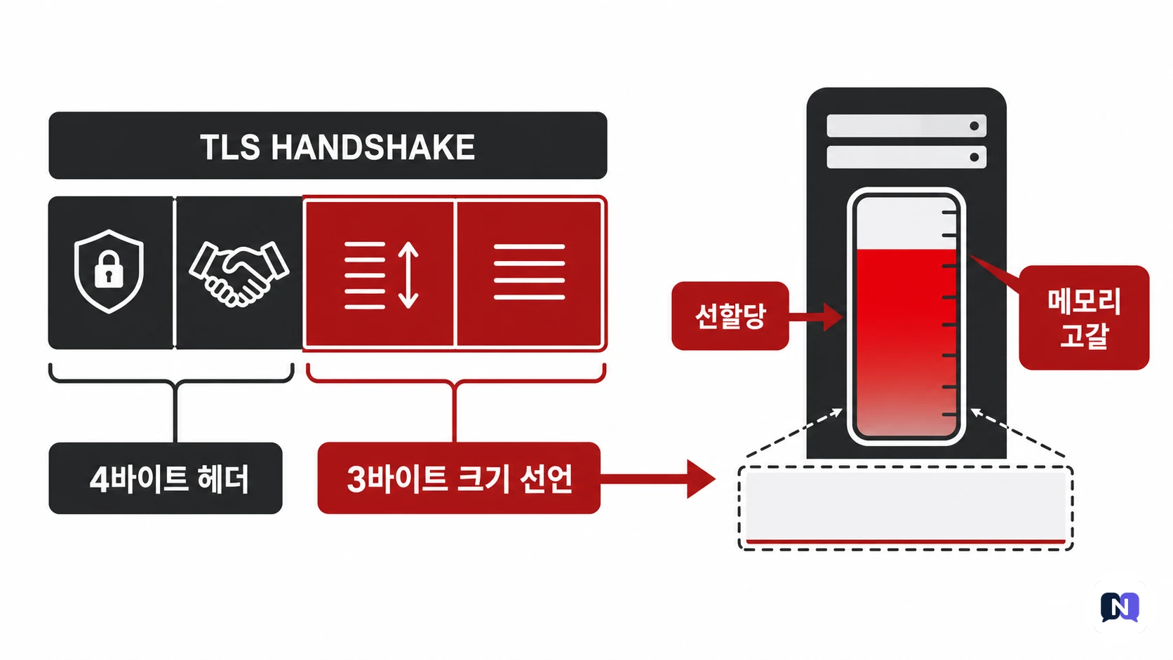 TLS 핸드셰이크 헤더 선언값이 서버 메모리를 채우는 홀로우바이트 구조