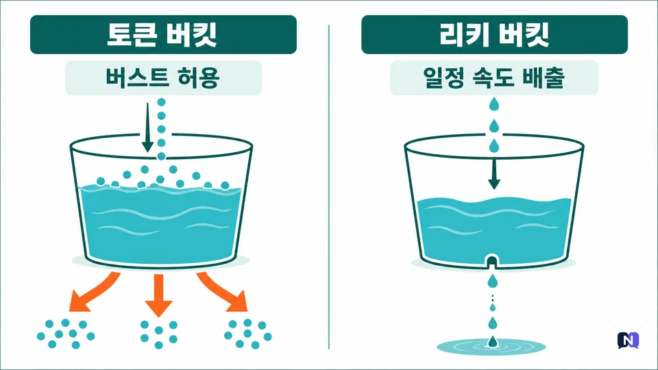 버스트를 허용하는 토큰 버킷과 일정 속도로 배출하는 리키 버킷 비교