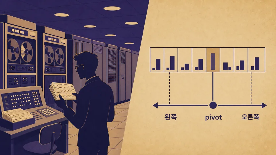 퀵소트를 고안하던 시절의 토니 호어를 형상화한 일러스트