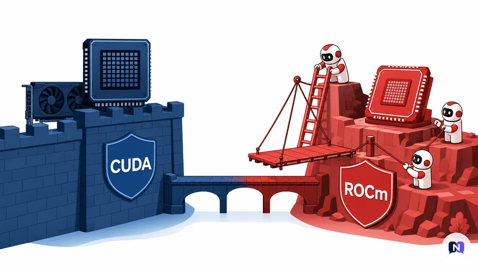 CUDA와 ROCm 소프트웨어 생태계를 둘러싼 엔비디아와 AMD의 경쟁 개념도