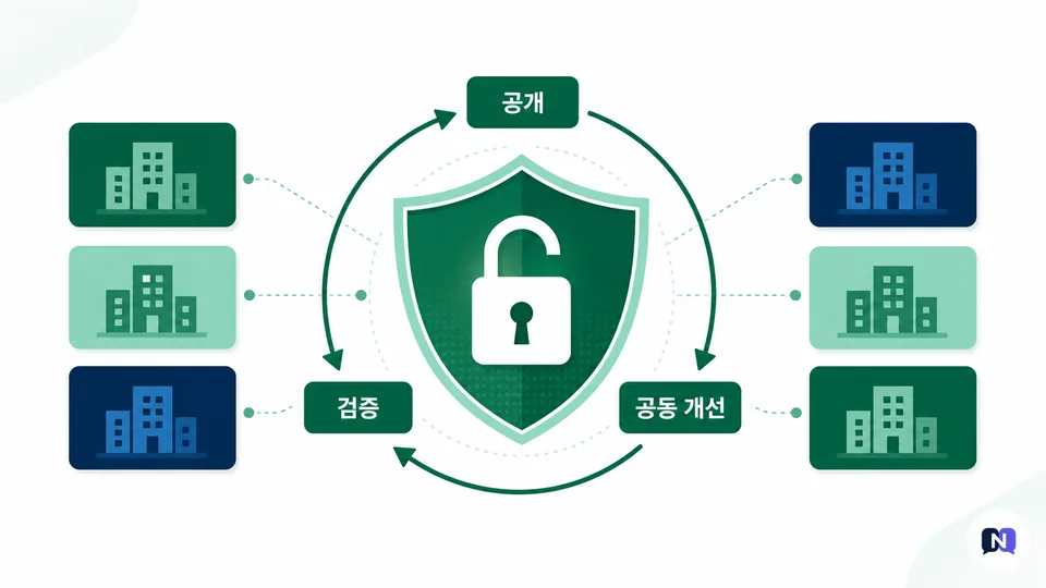 여러 기업이 공개·검증·공동 개선의 AI 보안 방패 아래 모이는 개념도