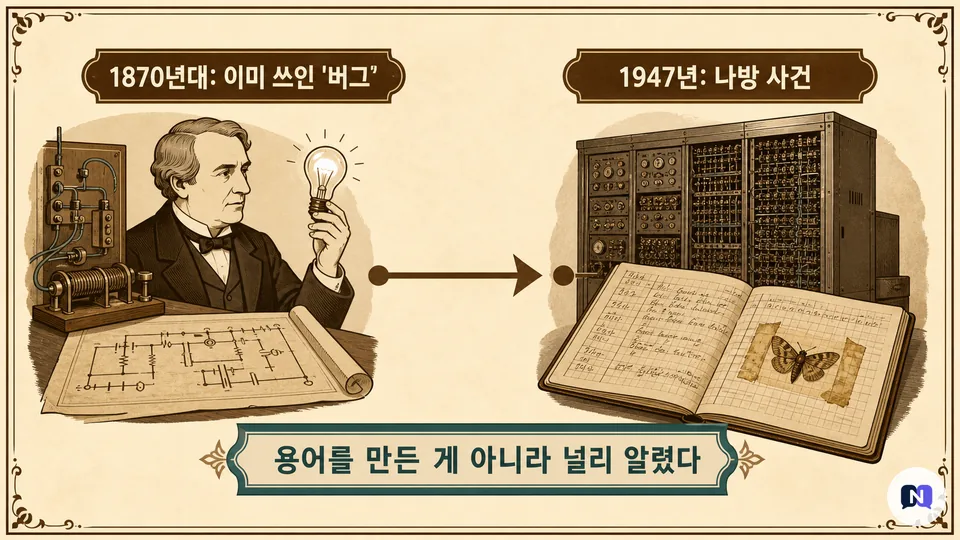 1870년대부터 쓰인 버그 용어와 1947년 나방 사건의 관계를 보여주는 시간축