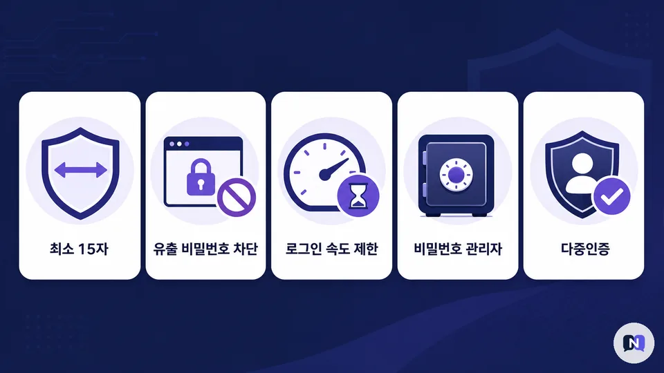 최소 15자와 유출 차단 다중인증을 보여주는 최신 비밀번호 기준